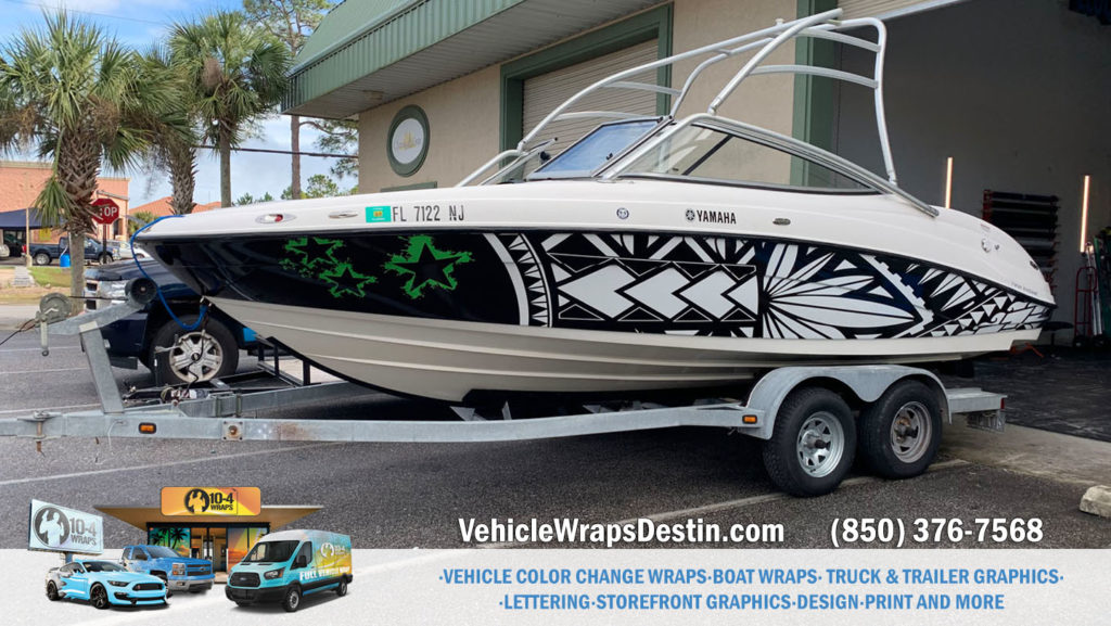 Vibrant marine wraps and boat wraps promoting local businesses in Destin & Panama City, FL.