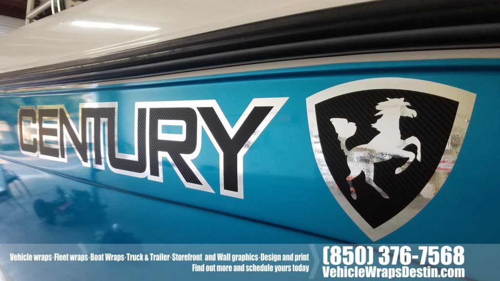 Carbon fiber vinyl wrap accent on Century boat console