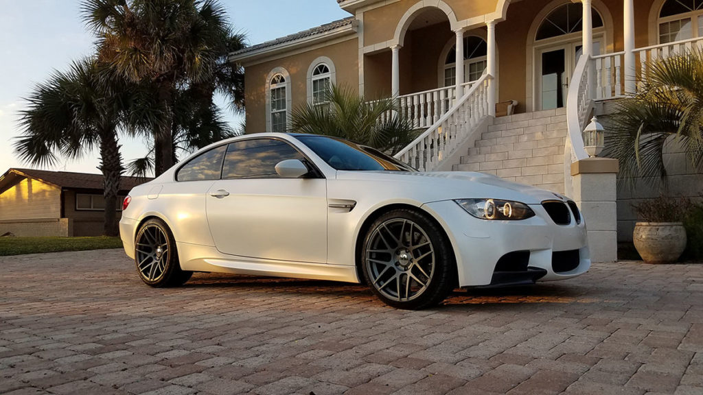 Satin White Pearl BMW M3 vinyl wrap close-up