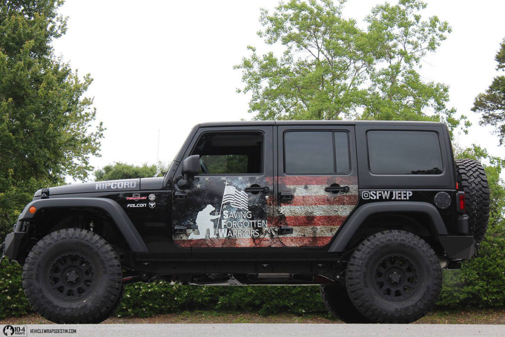 Jeep Rubicon wrapped with the American flag in Destin by 10-4 Wraps