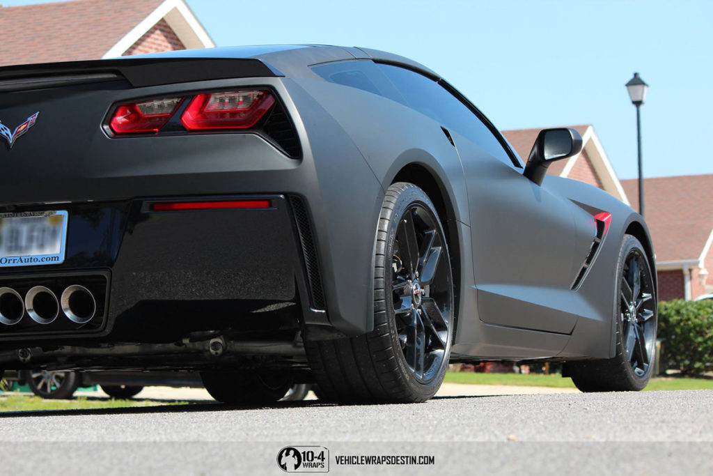 Side view of Corvette C7 matte black wrap in Destin