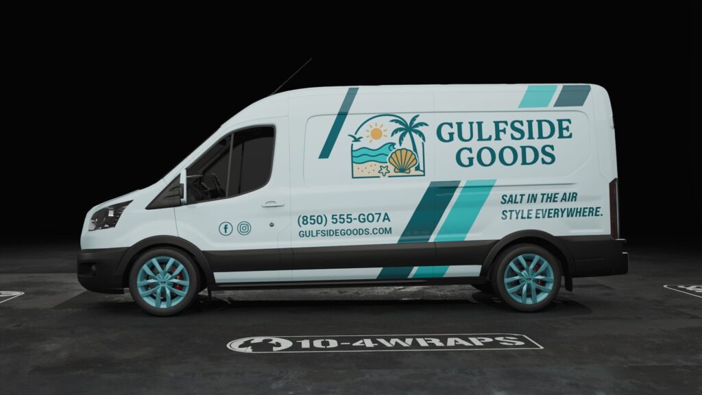Van with Gulfside Goods branding Partial wrap